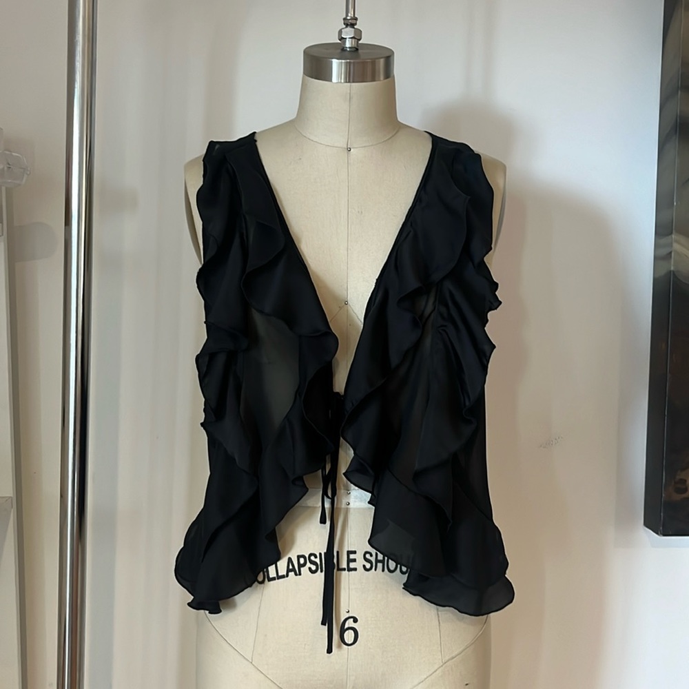 Vintage Elle Tie-Front Sheer Ruffle Neck Tank